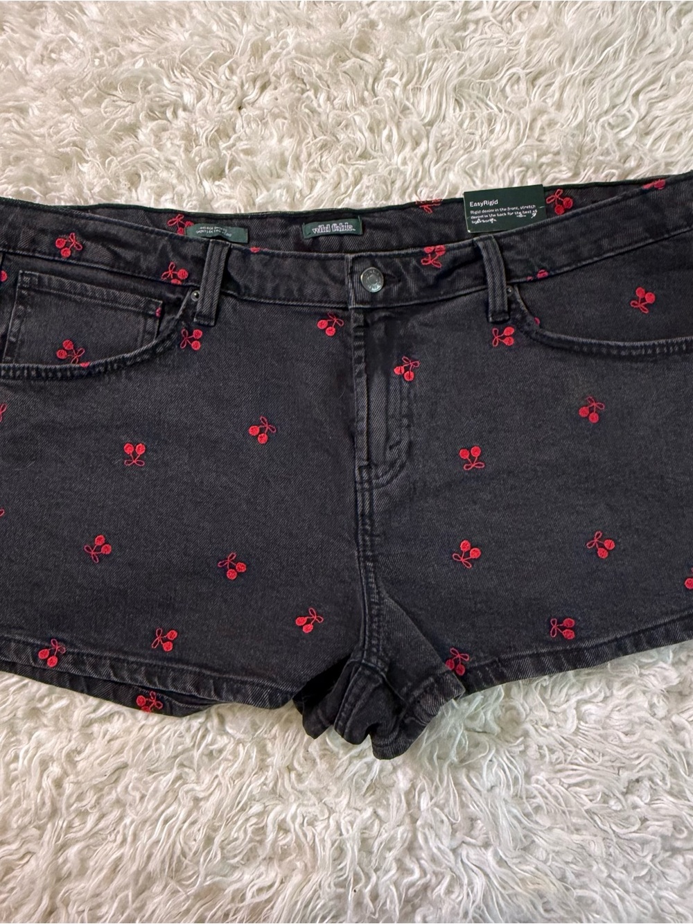 Black Denim Shorts with Red Cherry Embroidery / Size 16 / NWT